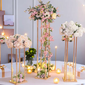 Gold flower stand, rectangular metal vase, wedding decoration, party table ornament, roadside plant stand