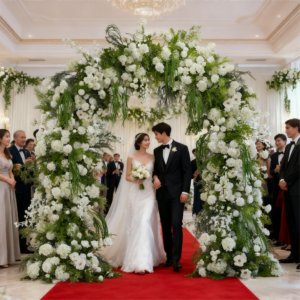 An elegant 8-foot green and white floral wedding arch, perfect for artificial flower stage decorations, party photography backdrops.