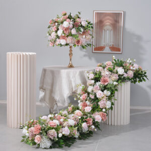 New pink rose volleyball wedding arch background decoration long row of flower arrangement