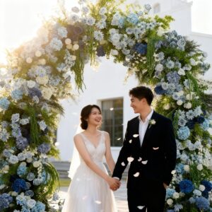 An elegant 8-foot Monet garden-style floral wedding arch, perfect for party photography with metallic artificial flowers for the stage.