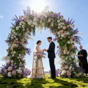 An elegant 8-foot Monet garden-style floral wedding arch, perfect for party photography and stage decoration with metal artificial flowers.