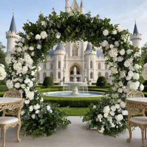 Forest-themed silk wedding backdrop with an 8-foot floral arch and artificial flowers, perfect for party photos and stage decoration.
