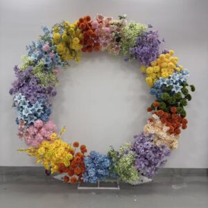New round, colorful arched artificial flower stand - wedding backdrop, engagement and proposal procession decorations