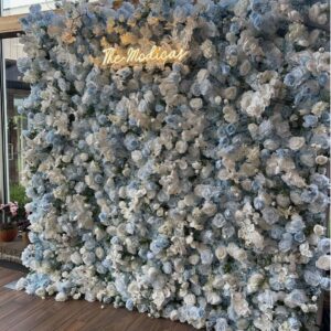 8ft x 8ft Blue Artificial Flower Wall Backdrop Set: Wedding decorations with floral balls/rows/arches, suitable for events, parties, and bridal showers.