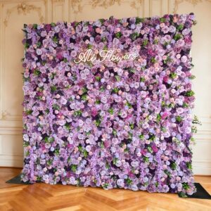 8ft x 8ft Purple Artificial Flower Wall Backdrop Set: Wedding decorations with flower balls/rows/arches, suitable for events, parties, and bridal showers.