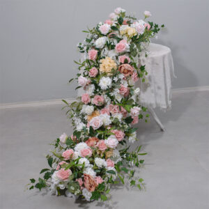 New 2-meter coffee-pink floral arrangement for wedding and conference tables with arched frame and long floral decorations.