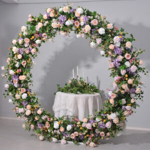 Silk and plastic artificial flower arch backdrop, foldable design, for wedding decoration.