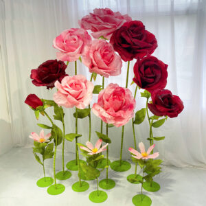 Paper craft roses, giant window decorations, silk wedding scene setup, stage decorations