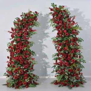 High End Artificial Red Rose Greenery Horn Shape Flower Arch 2.1m 2.3m with Metal Stand for Wedding Stage Event Backdrop Decor