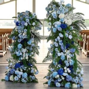 High Quality Wholesale Wedding Decorations Colorful Blue Horn Arch Lush Hanging Rice Silk Rose Floral Runner Floral Weddings