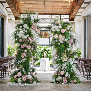 High Quality Wholesale Wedding Decorations Colorful Pink Horn Arch Lush Hanging Rice Silk Rose Floral Runner Floral Weddings