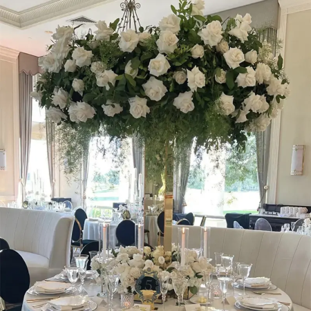 Suspended ceiling floral arrangements for minimalist North American wedding and corporate event decor, artificial hanging flower installation