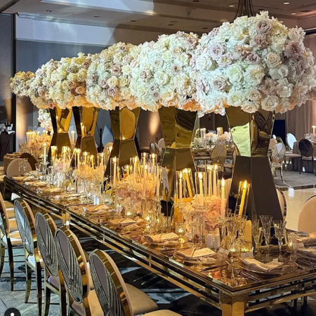 Yongnuo luxury wedding artificial floral stage backdrop display at RomeSposa Exhibition, high-end wedding decorations factory