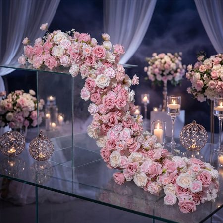 Elegant long table banquet decor with premium certified artificial purple and pink flowers for commercial event styling