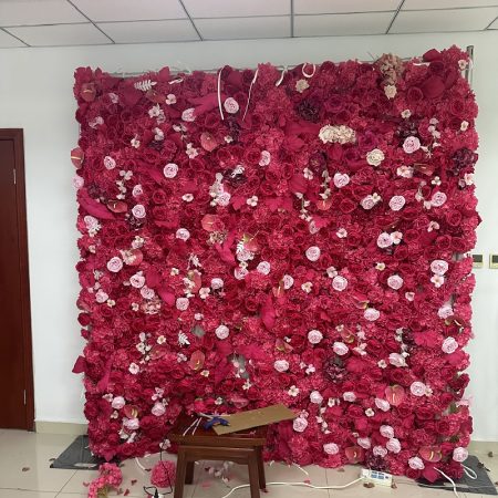 Red artificial rose flower wall, seamless 3D flower backdrop made by China leading flower wall company