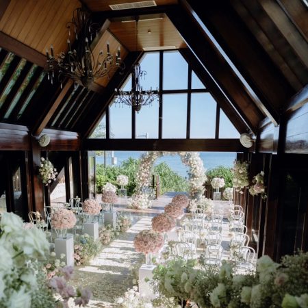 White custom artificial wisteria hanging floral canopy for high-end royal wedding overhead decor